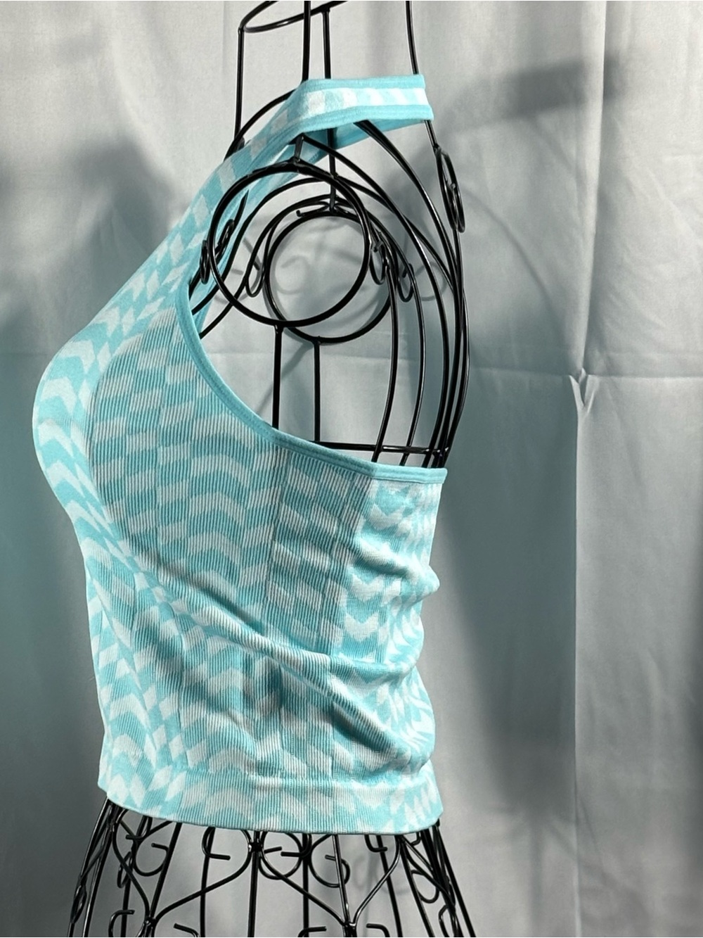 Light Aqua Chevron Ribbed halter Tank Top - Picture 4 of 5